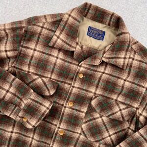 Vintage 60s Pendleton Board Shirt Brown Green Plaid Wool Men Small Loop Collar